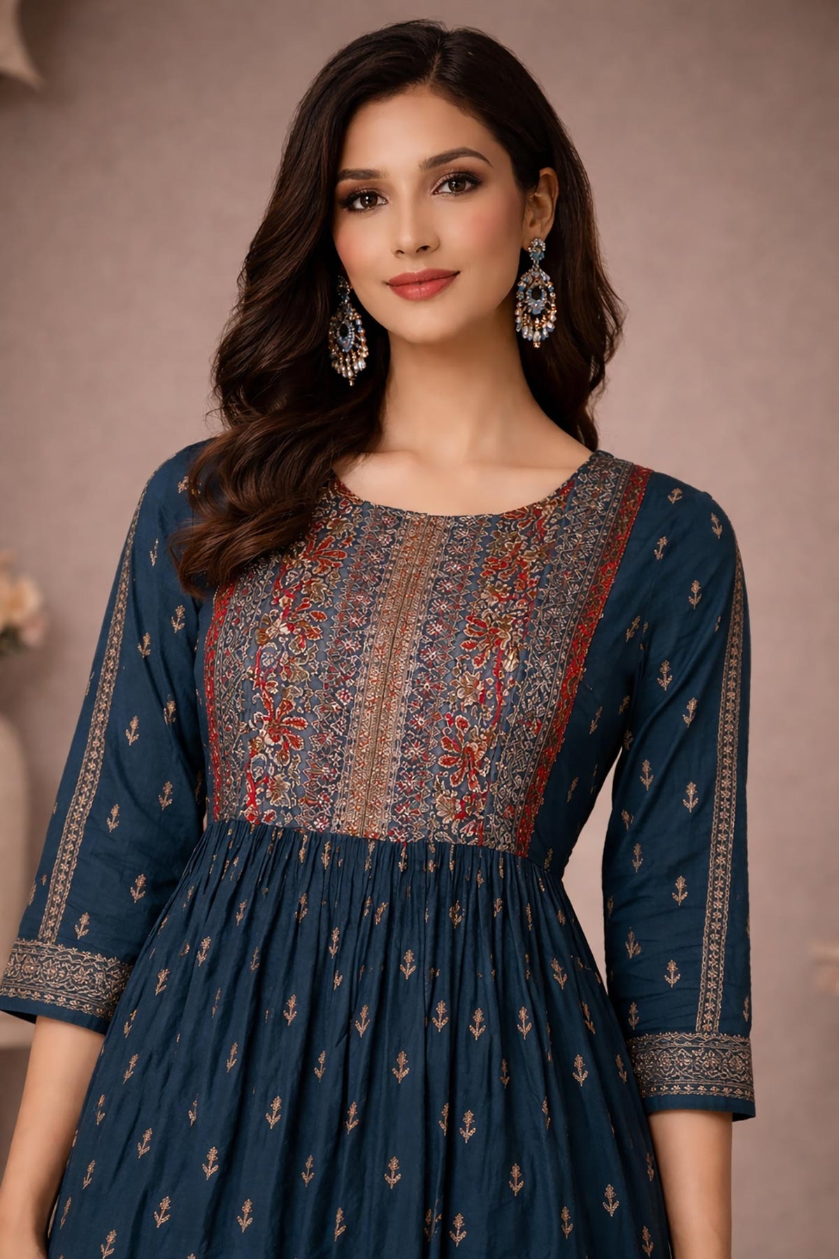SN188 women’s teal cotton Anarkali kurti closeup showing round neckline, floral yoke print and three-quarter sleeves