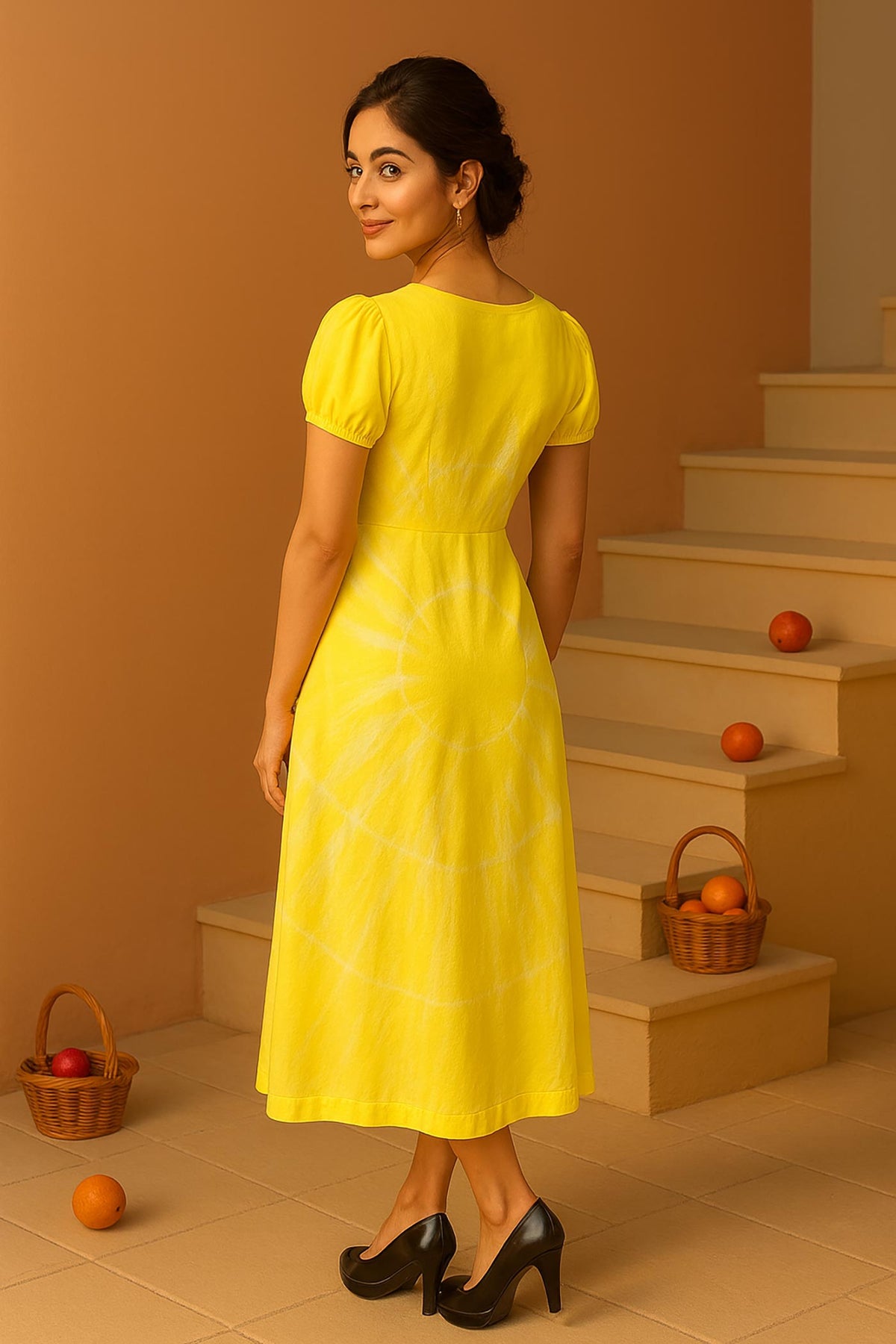 Yellow Tie-Dye Midi Dress Back Pose for Women