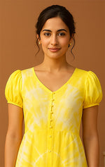 Yellow Tie-Dye Midi Dress Closeup Pose Showing V-Neck and Puff Sleeves