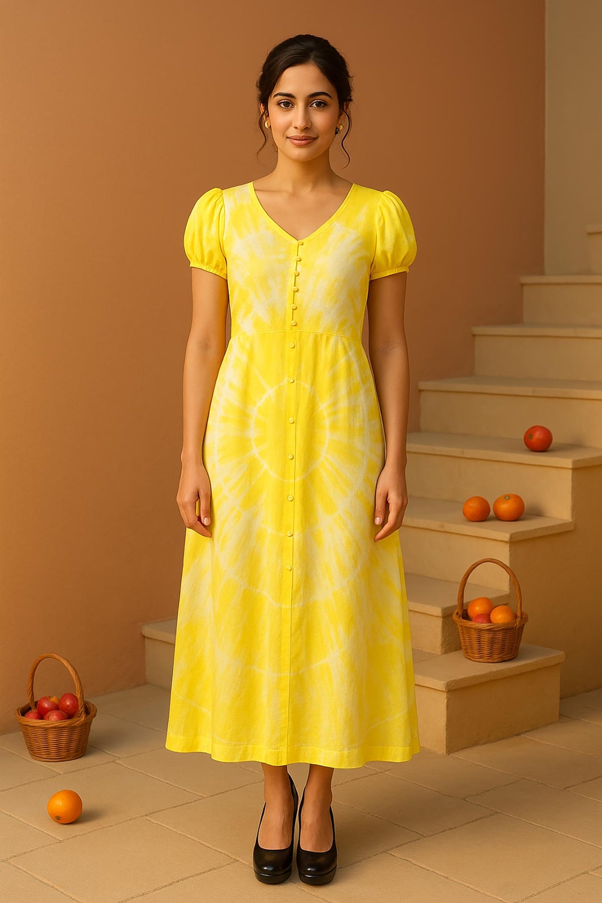Yellow Tie-Dye Midi Dress Front Pose for Women