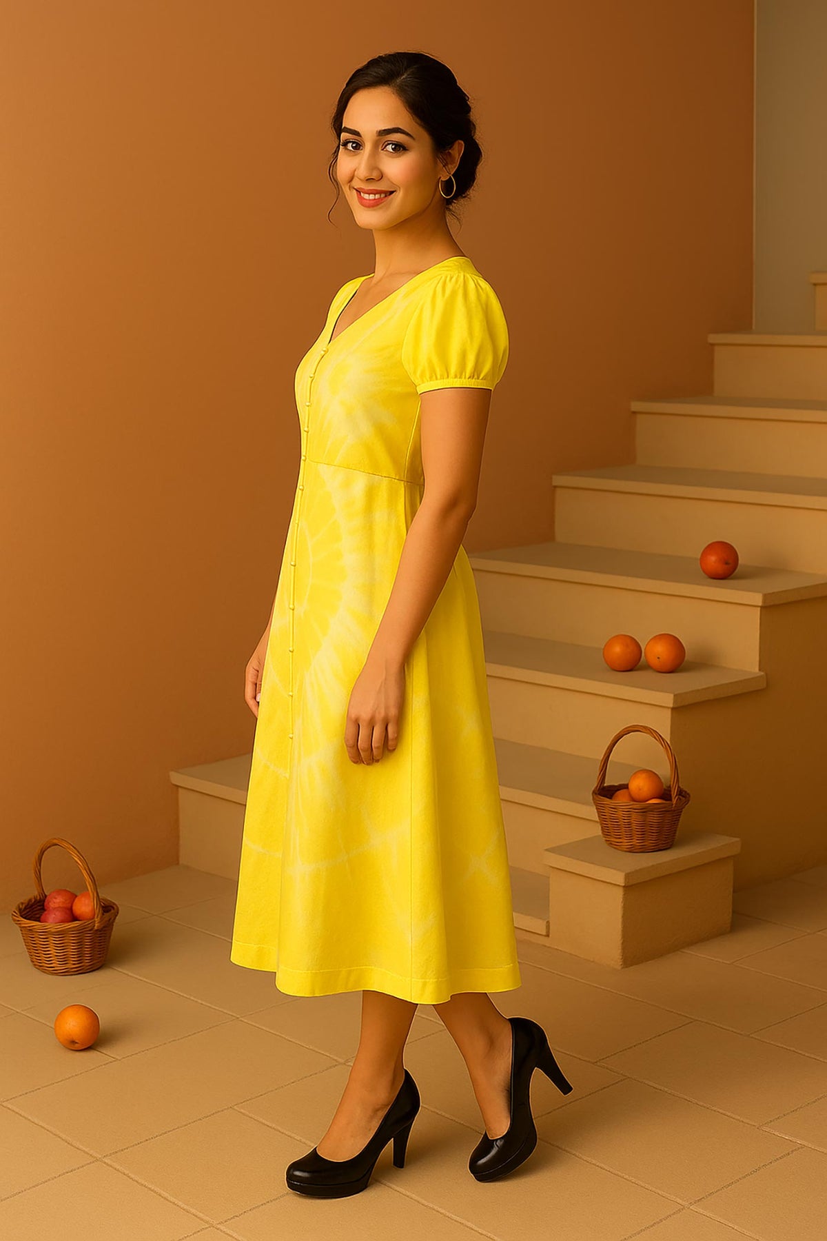 Yellow Tie-Dye Midi Dress Side Pose A-Line Fit