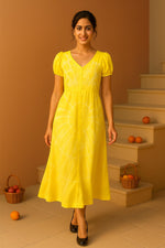 Yellow Tie-Dye Midi Dress Walking Pose Casual Cotton Style