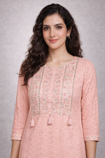 SN196 women’s blush pink chikankari kurti closeup showing embroidery and neckline detail