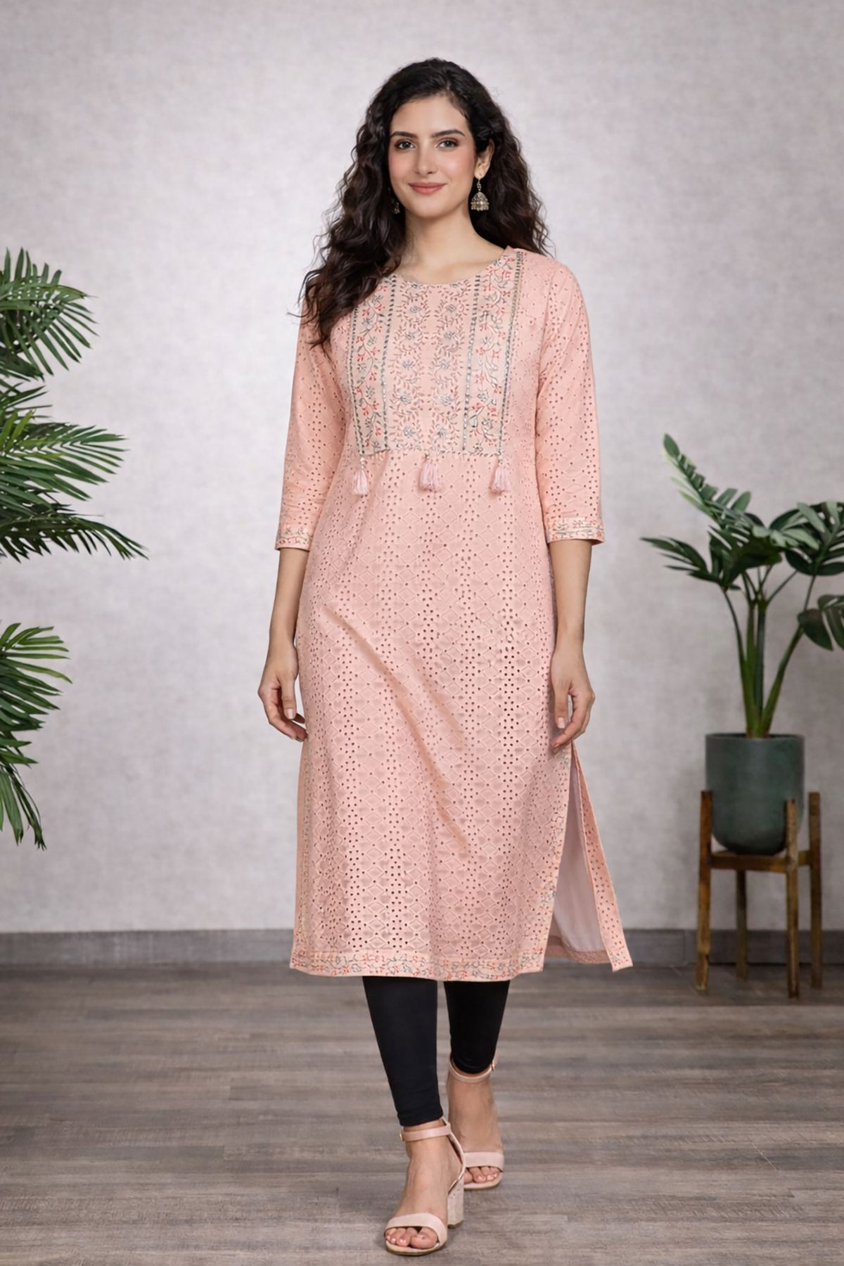 SN196 women’s blush pink chikankari cotton kurti walking pose with natural fabric movement