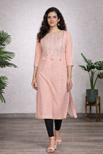 SN196 women’s blush pink chikankari cotton kurti walking pose with natural fabric movement