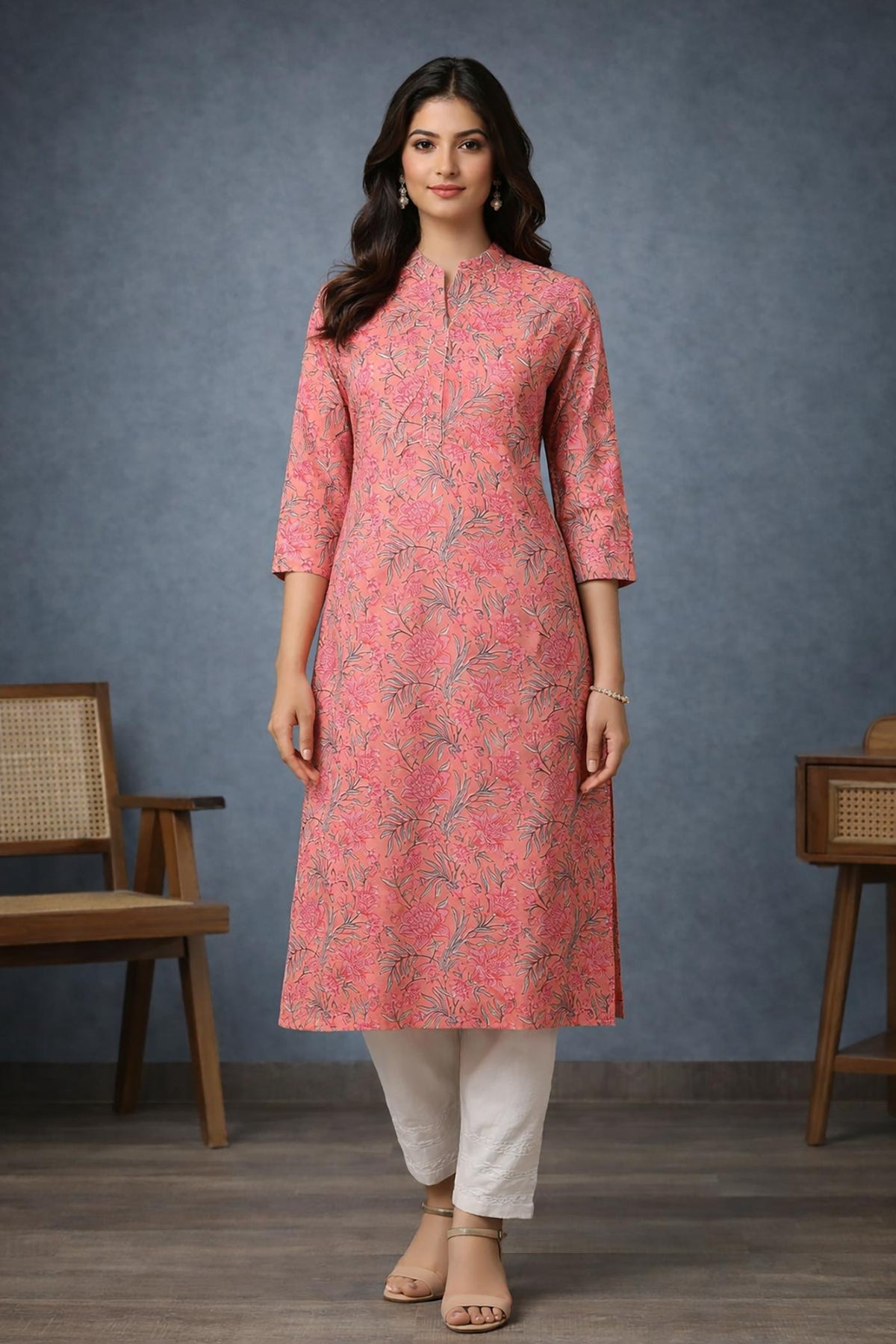 SN197 women’s coral pink floral cotton kurti with mandarin neckline and three-quarter sleeves, front view.