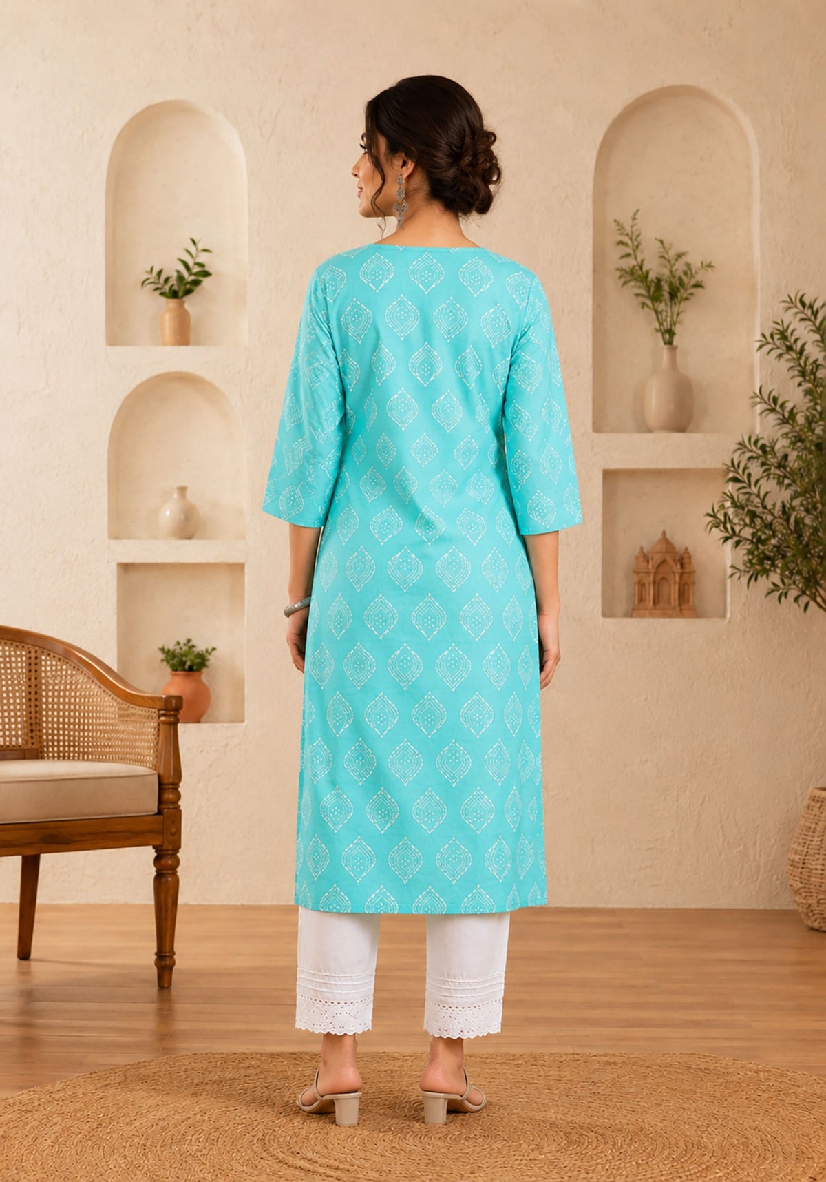 SN198 women’s aqua cotton kurti back pose view with three-quarter sleeves and straight hem