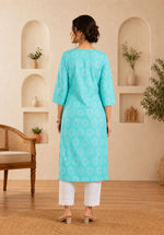 SN198 women’s aqua cotton kurti back pose view with three-quarter sleeves and straight hem