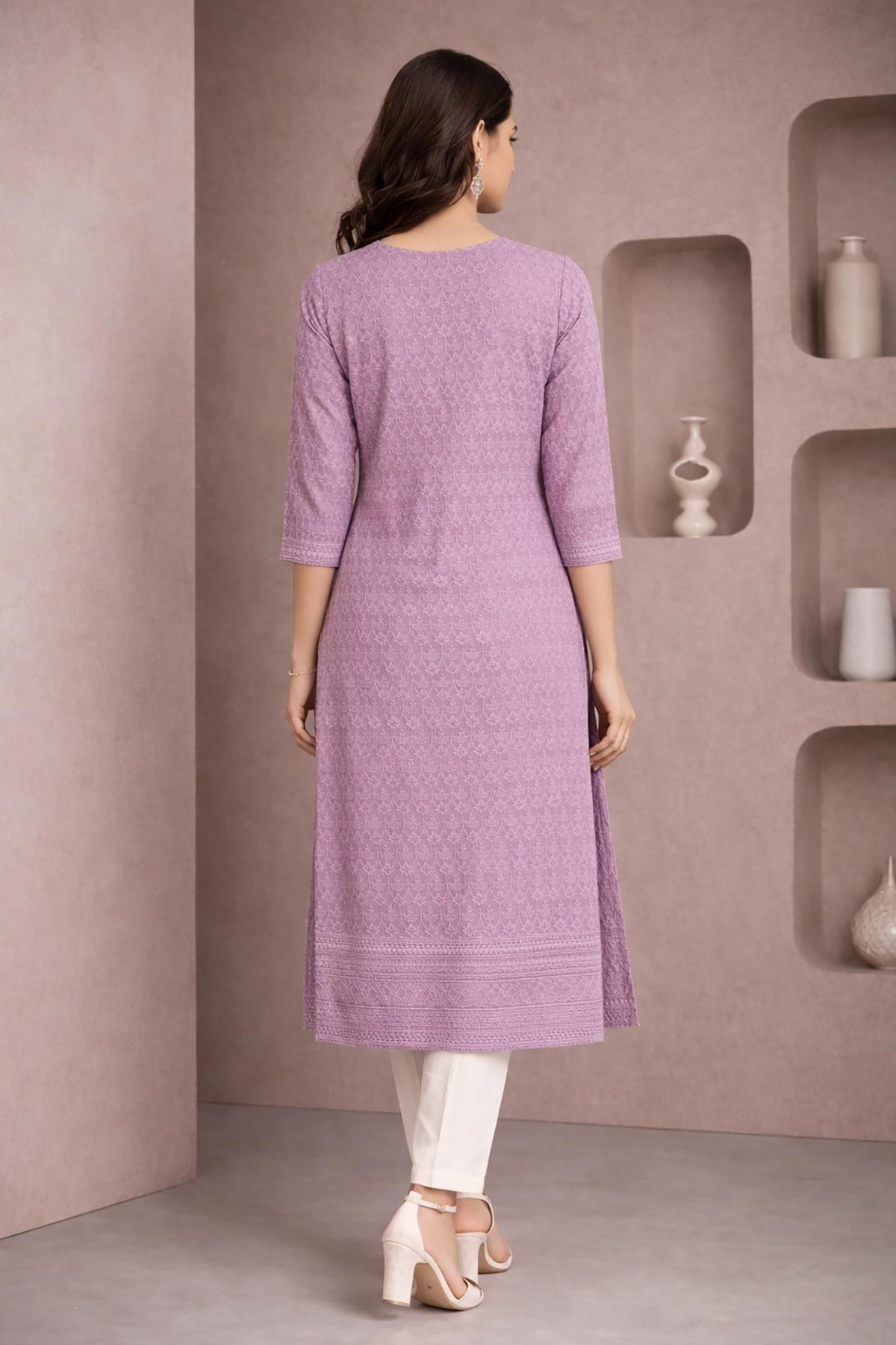 SN201 women’s lavender cotton kurti with straight silhouette and three-quarter sleeves, back pose view