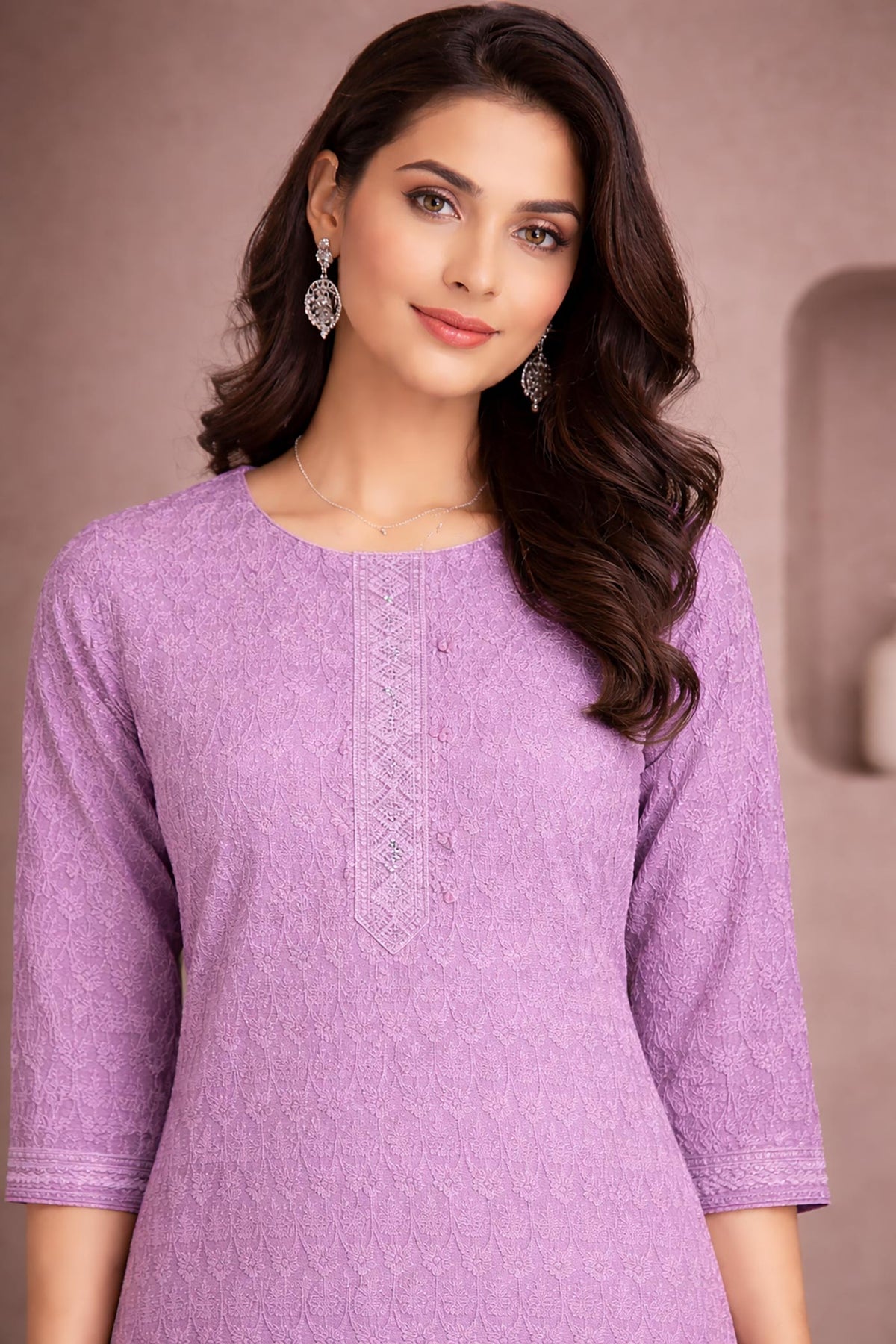 SN201 women’s lavender cotton kurti closeup showing round neckline, embroidered placket detail and three-quarter sleeves