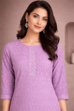 SN201 women’s lavender cotton kurti closeup showing round neckline, embroidered placket detail and three-quarter sleeves