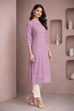 SN201 women’s lavender embroidered cotton kurti with straight fit and side slit, side pose paired with ivory pants