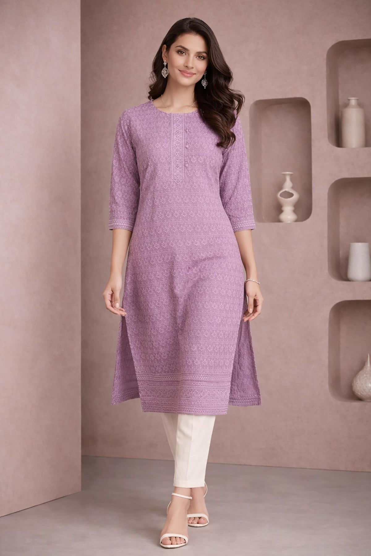 SN201 women’s lavender cotton embroidered kurti with round neck and three-quarter sleeves, walking pose with neutral heels