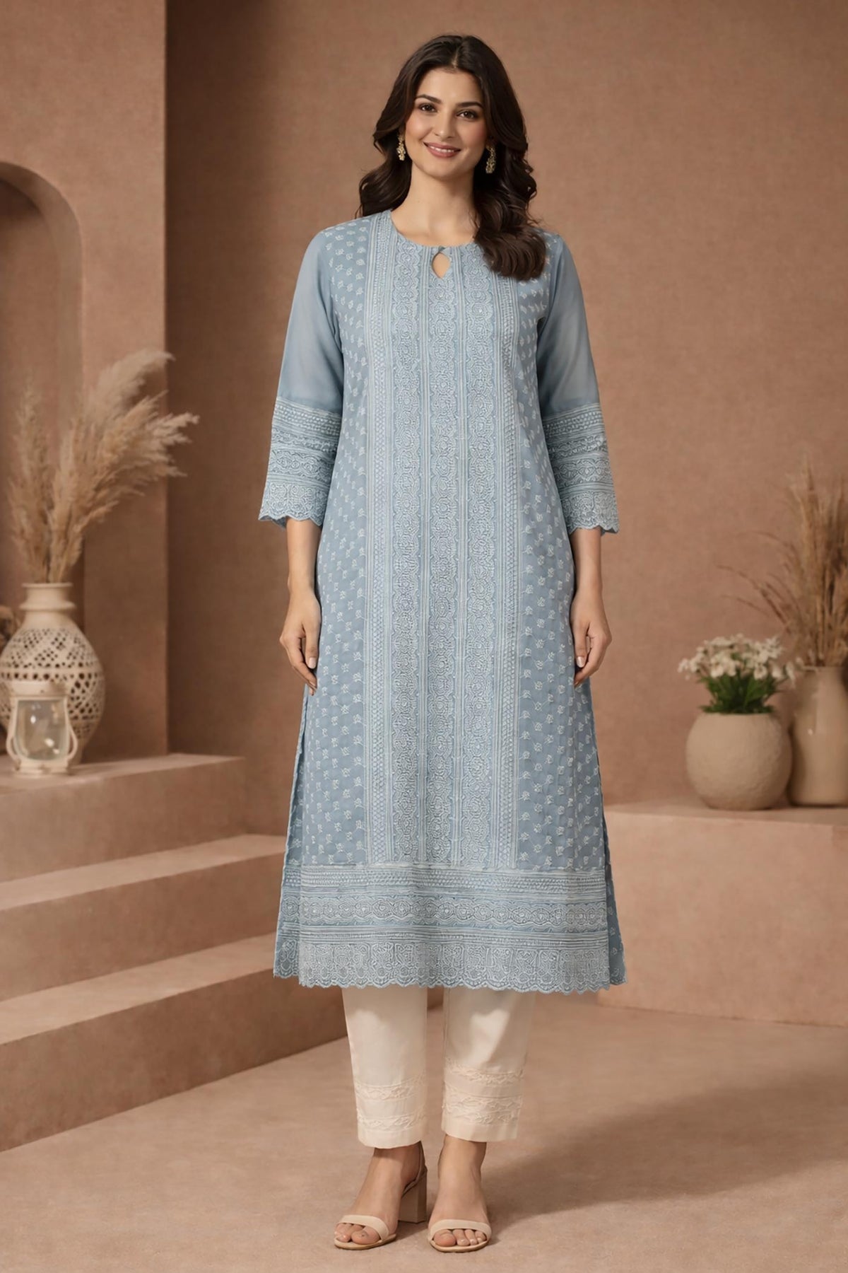 SN202 women’s dusty blue Chikankari cotton kurti with three-quarter sleeves and keyhole neckline front pose