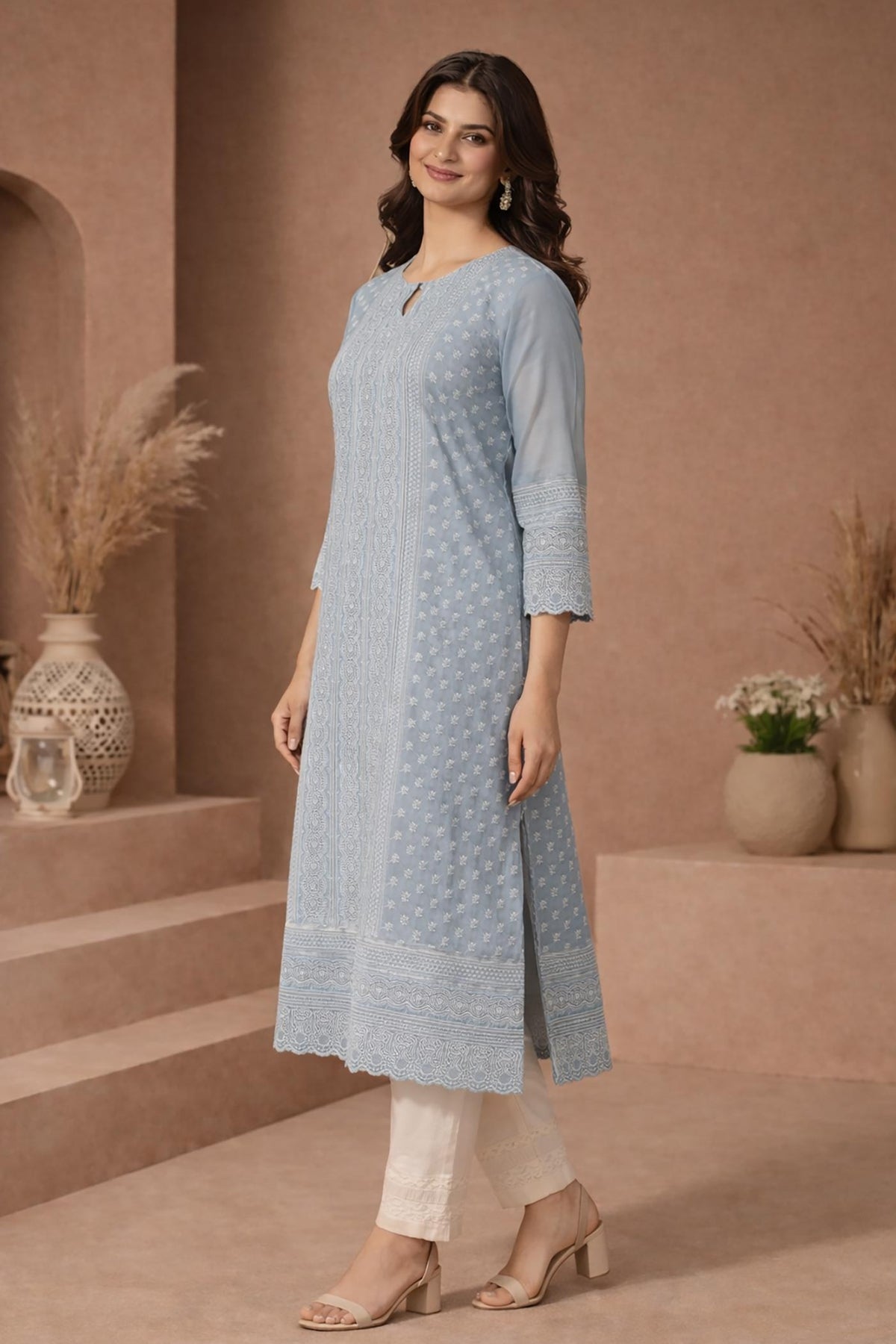 SN202 women’s dusty blue Chikankari cotton kurti side pose with straight fit and side slits