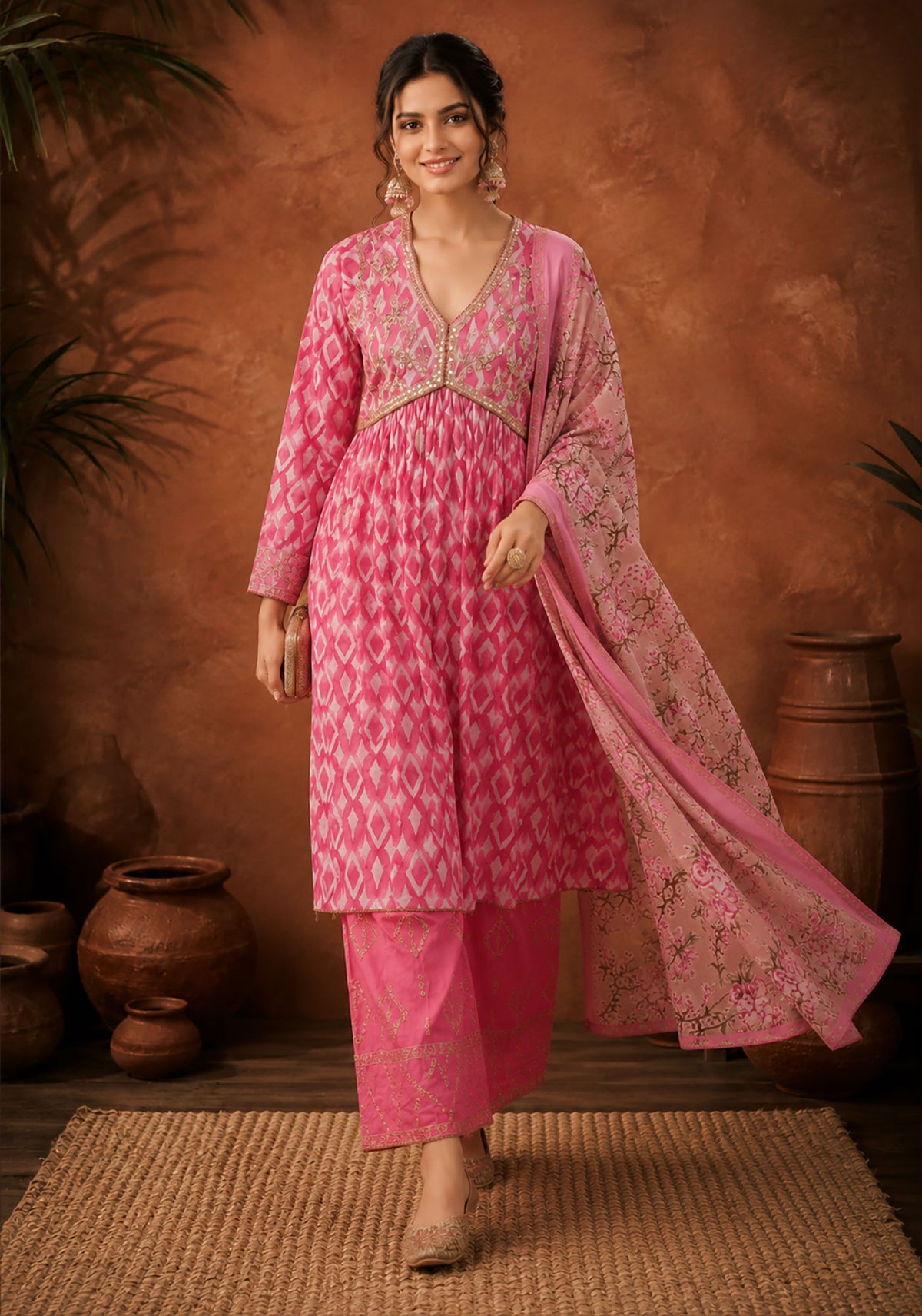 SN206 women’s blush pink printed A-line kurta set walking pose with flowing dupatta