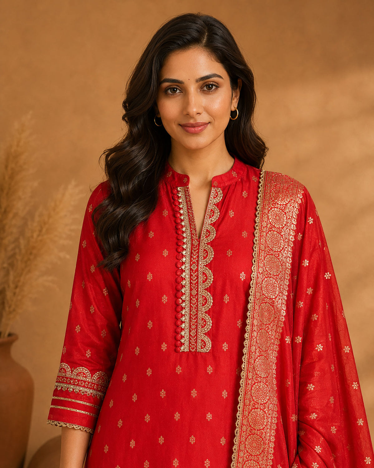 SN207 women’s red silk kurta set closeup of V-neck embroidery and long sleeve detailing