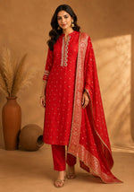 SN207 women’s red silk kurta set with long sleeves, V-neck embroidery and dupatta front pose