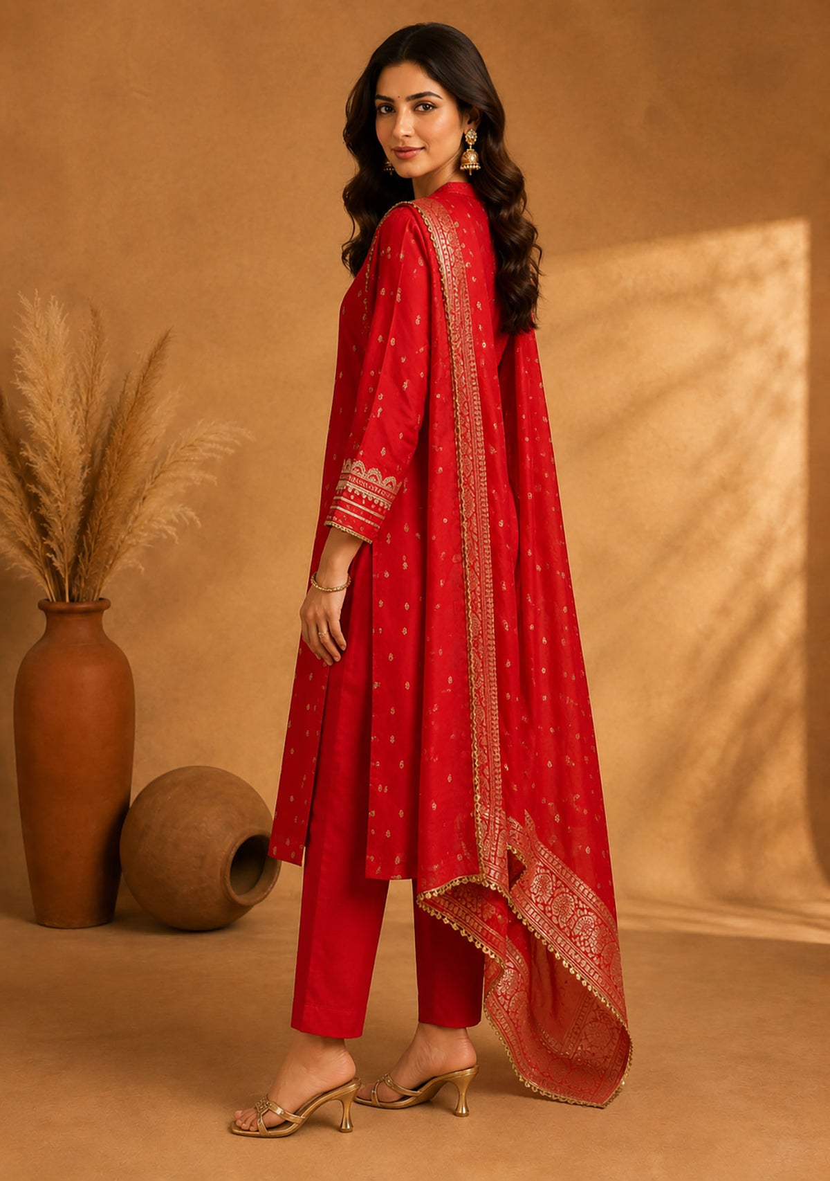 SN207 women’s red silk kurta set with long sleeves and embroidered dupatta side pose