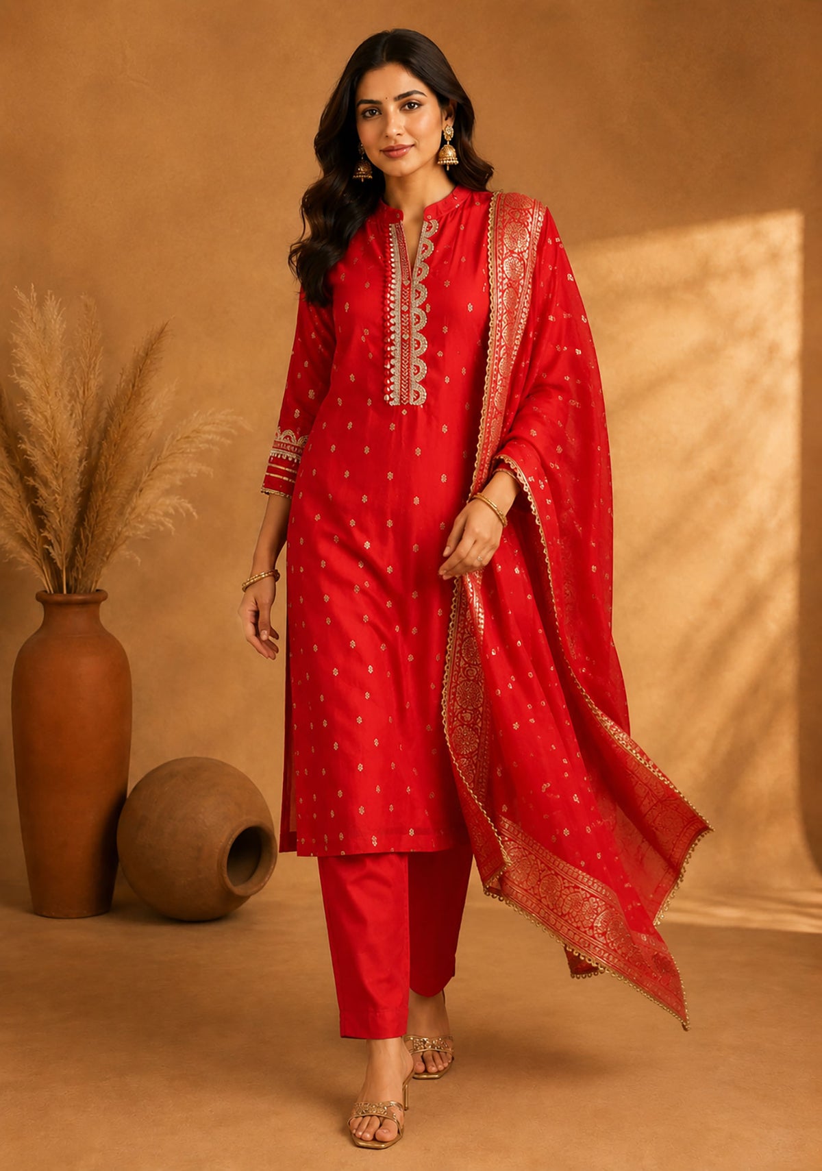 SN207 women’s red silk kurta set with long sleeves and V-neck walking pose
