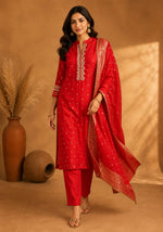 SN207 women’s red silk kurta set with long sleeves and V-neck walking pose