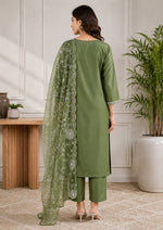 SN208 women’s olive green embroidered kurta set with dupatta, long sleeve back pose