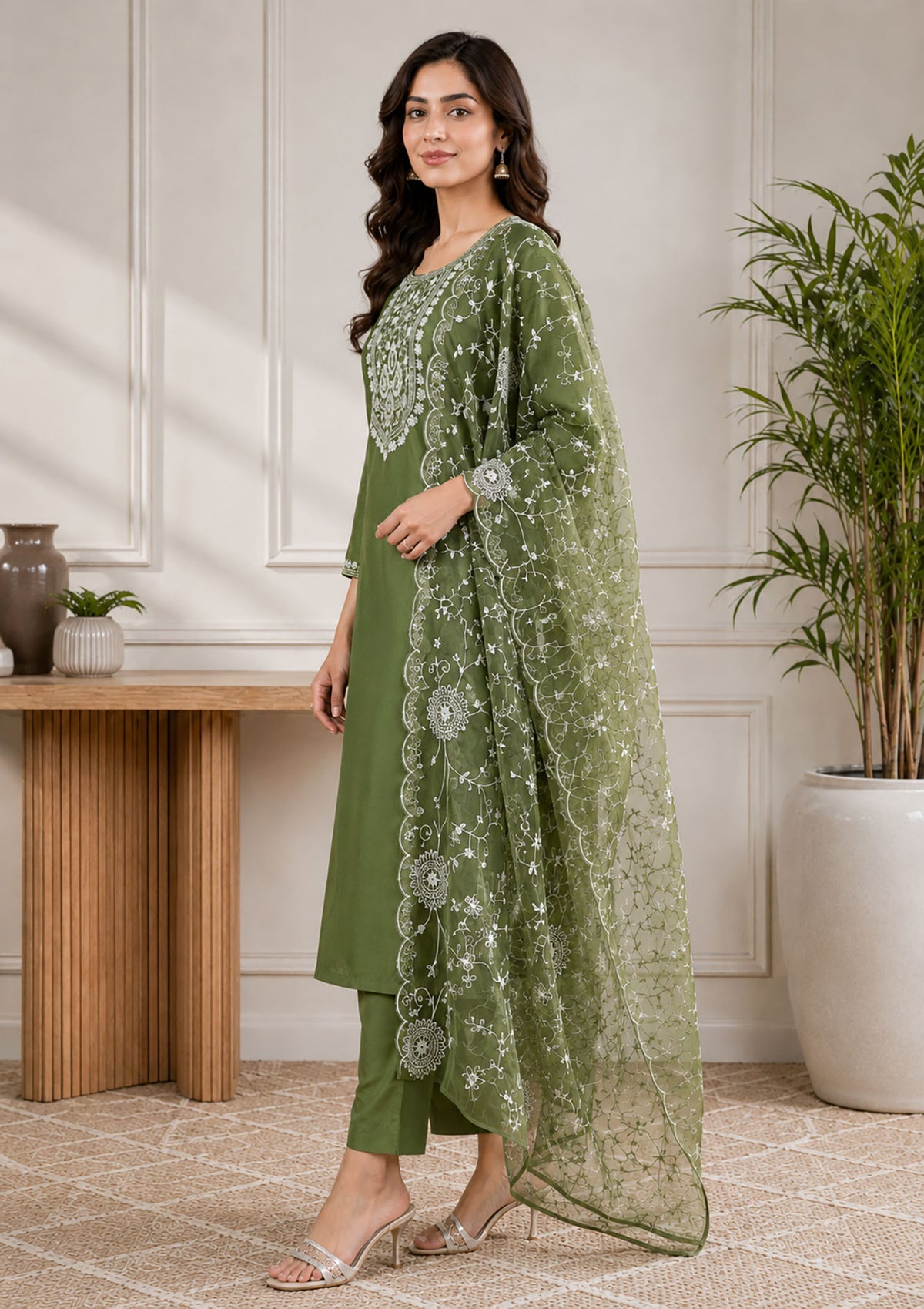 SN208 women’s olive green embroidered kurta set with dupatta, long sleeve side pose