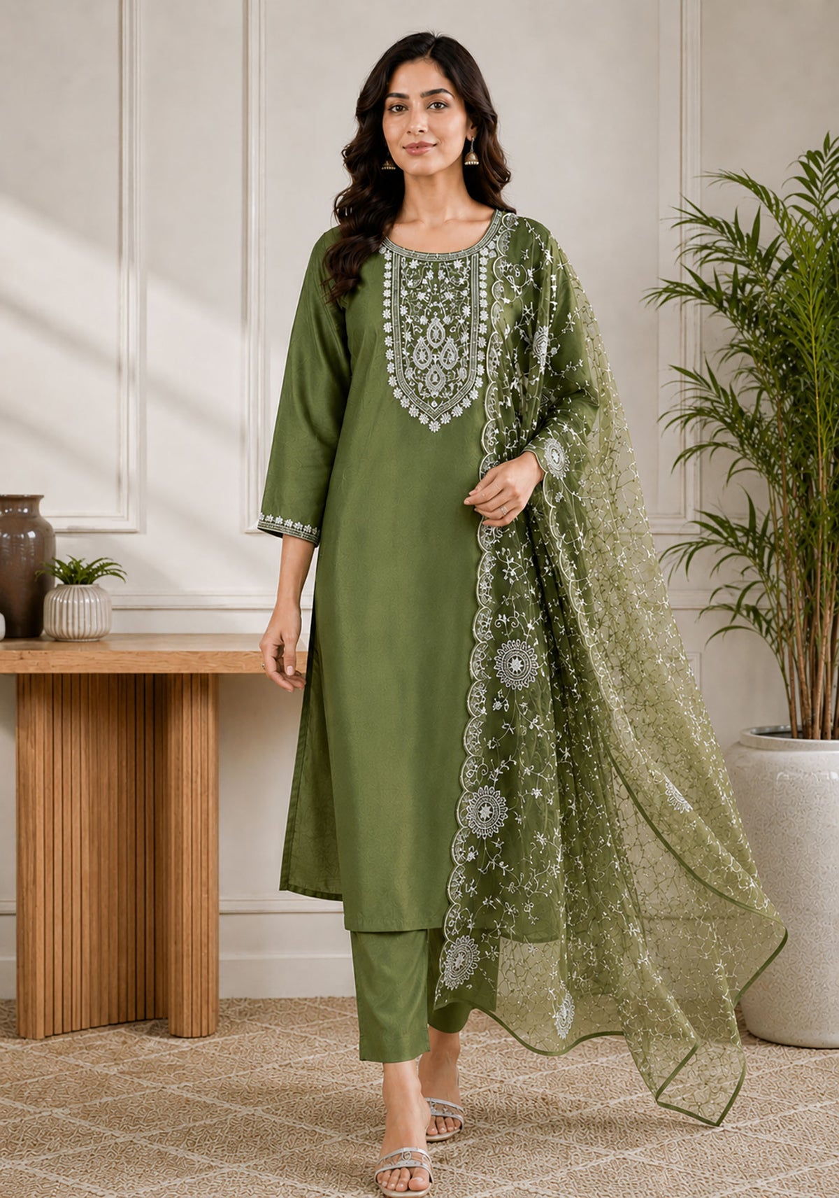 SN208 women’s olive green embroidered kurta set with dupatta, long sleeve walking pose