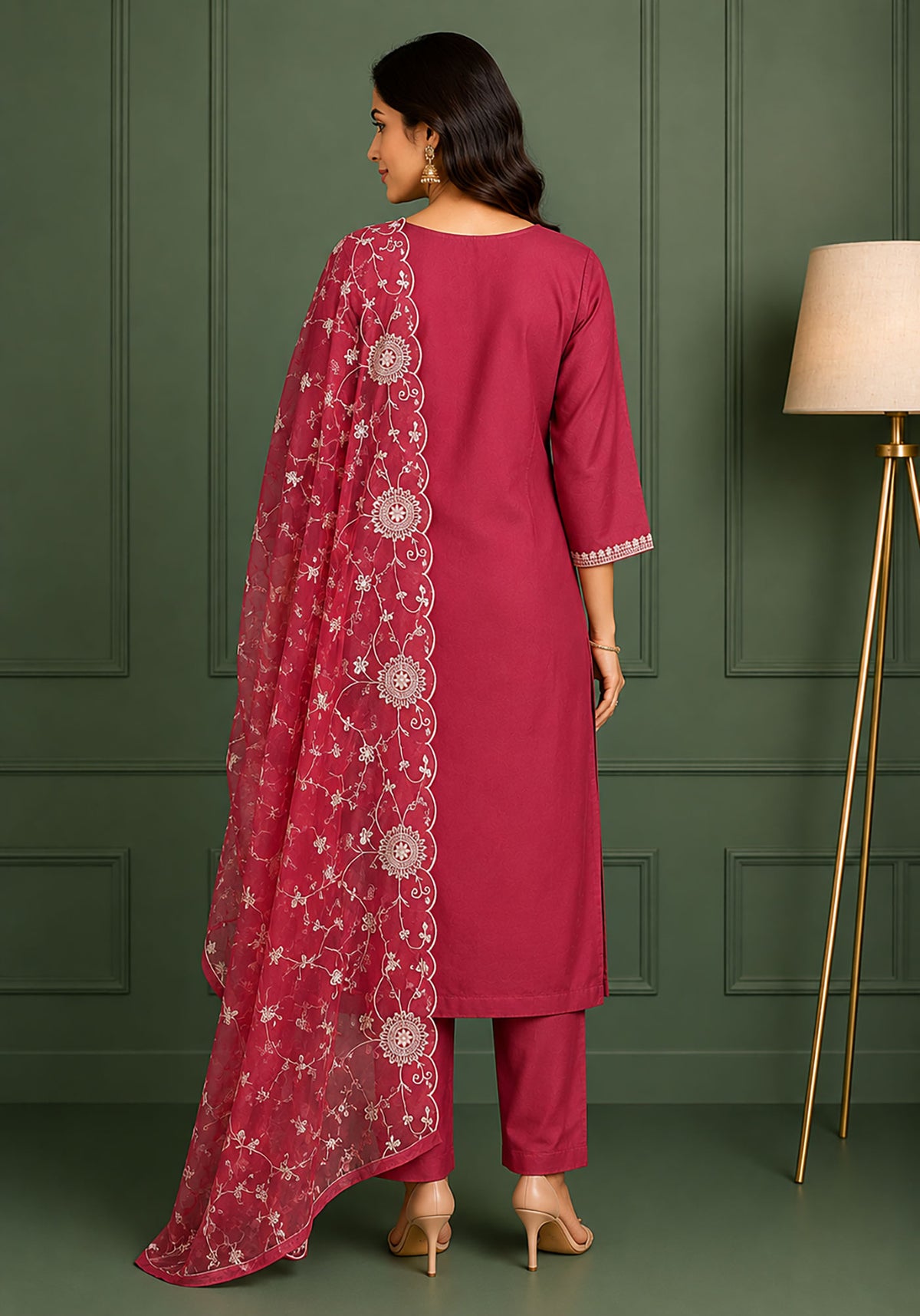 SN209 women’s maroon embroidered kurta set back view with straight fit and three-quarter sleeves