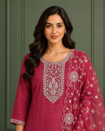 SN209 women’s maroon embroidered kurta set closeup showing round neckline and detailed threadwork
