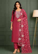 SN209 women’s maroon embroidered kurta set with three-quarter sleeves and dupatta front view
