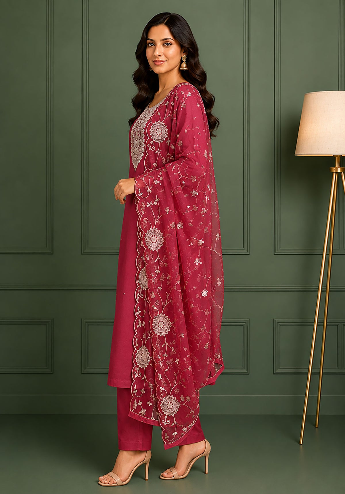 SN209 women’s maroon embroidered kurta set side view with straight silhouette and sheer dupatta