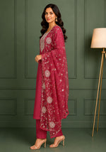 SN209 women’s maroon embroidered kurta set side view with straight silhouette and sheer dupatta