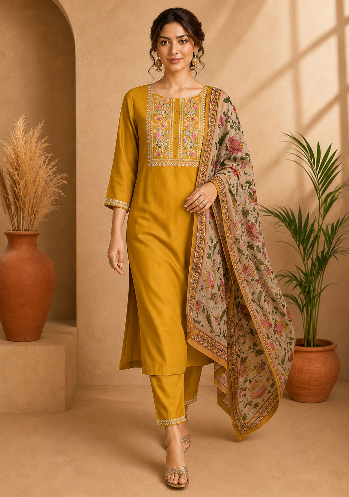 SN210 women’s mustard embroidered kurta set walking pose with flowing floral dupatta