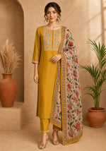 SN210 women’s mustard embroidered kurta set with floral dupatta front pose studio portrait
