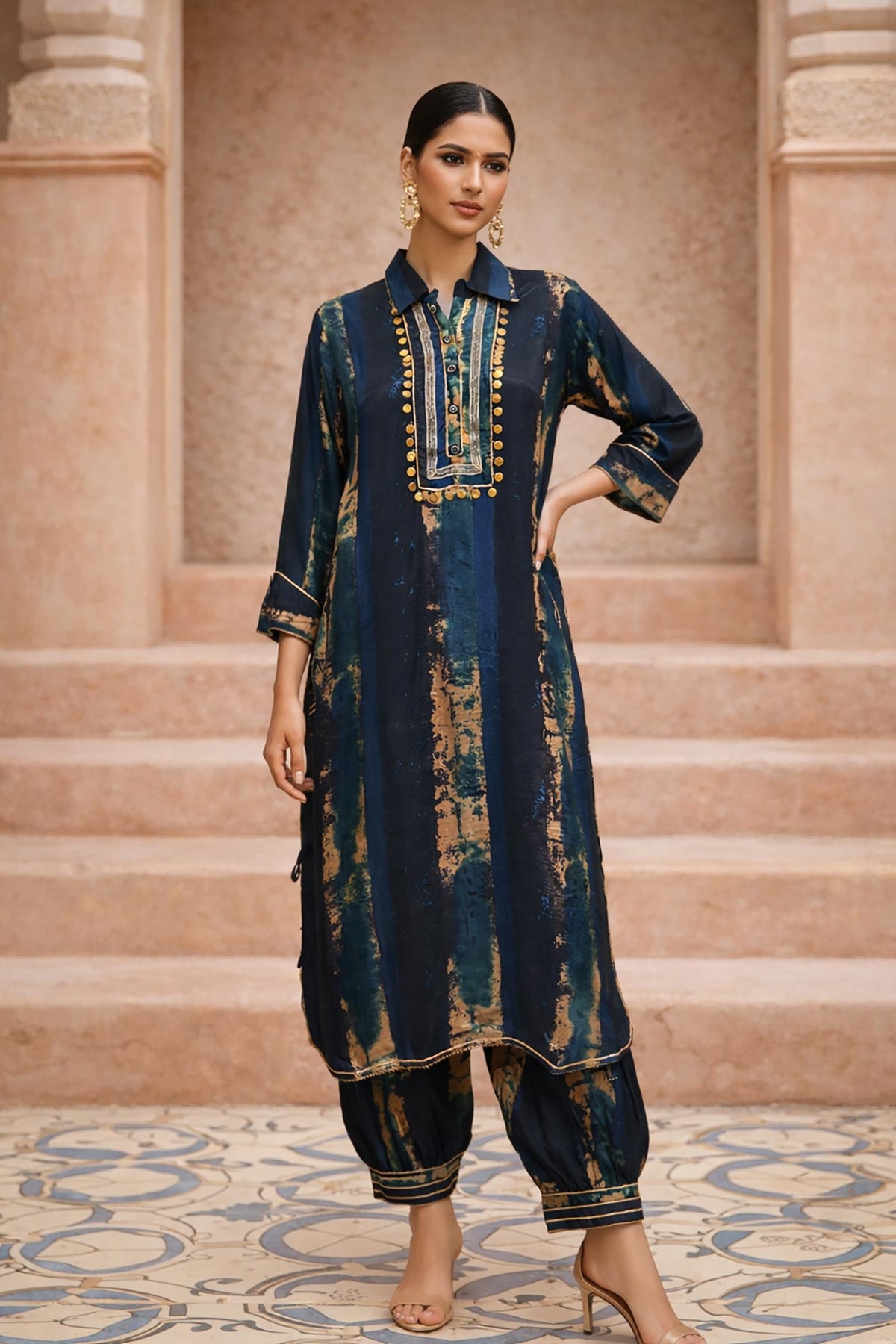 SN211 women’s indigo viscose kurta pant set with shirt collar and three-quarter sleeves, front pose with gold placket detail