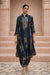 Indigo viscose kurta pant set with gold placket detail in walking pose, paired with nude heels