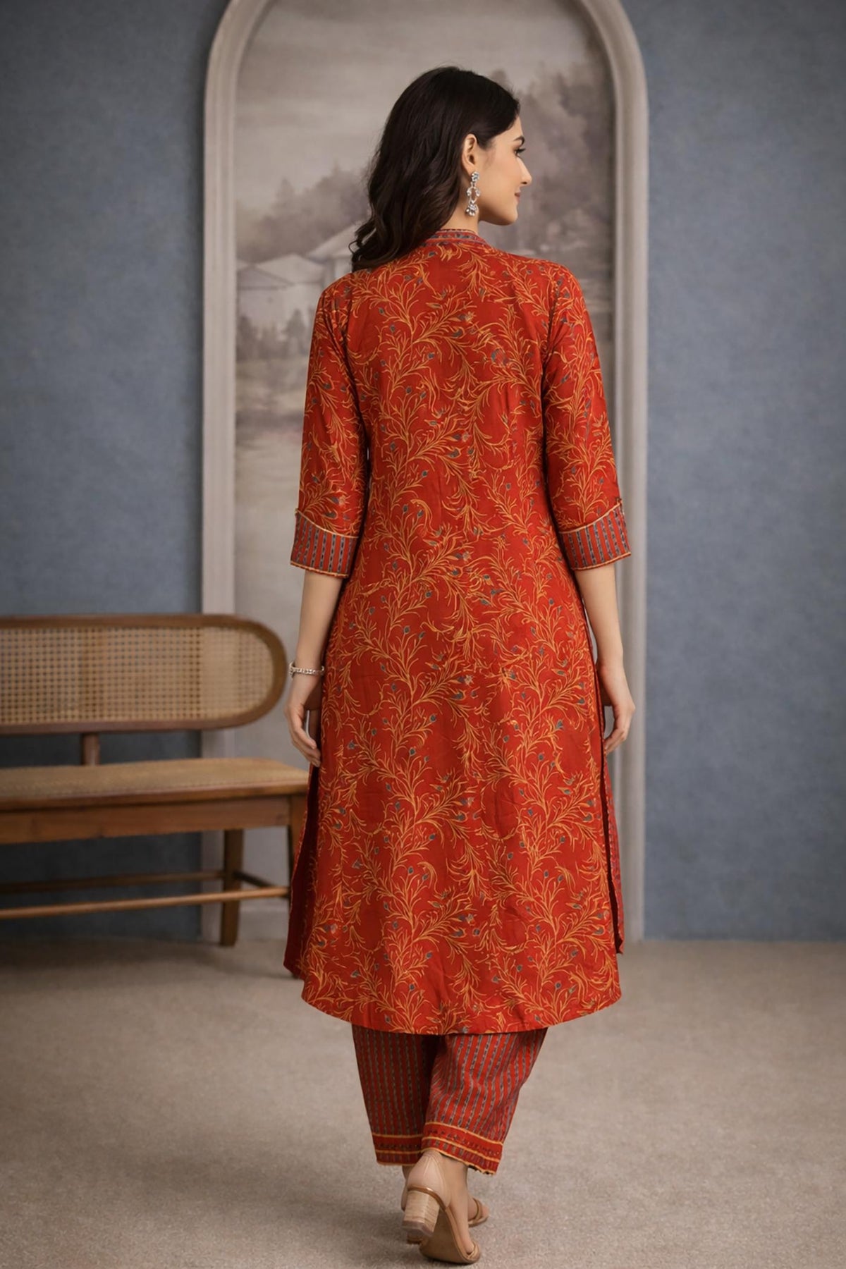 SN214 women’s vermilion red cotton kurta pant set with botanical print back pose view