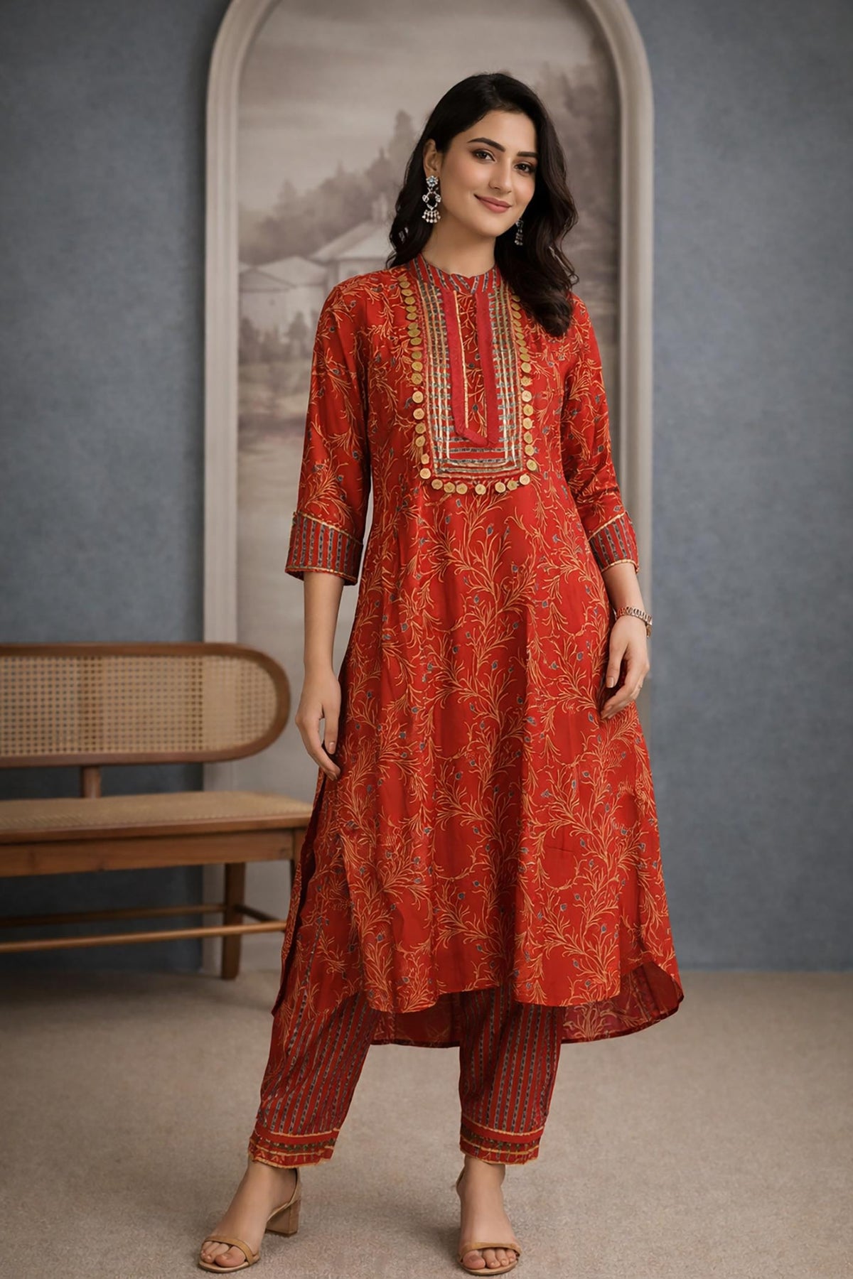 SN214 women’s vermilion red cotton kurta pant set with embellished yoke and three-quarter sleeves front pose