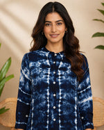 SN22 women’s indigo shibori co-ord set closeup showing long sleeves and button placket detail