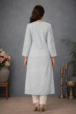 SN229 women’s powder blue cotton silk kurti back view with straight cut and long sleeves