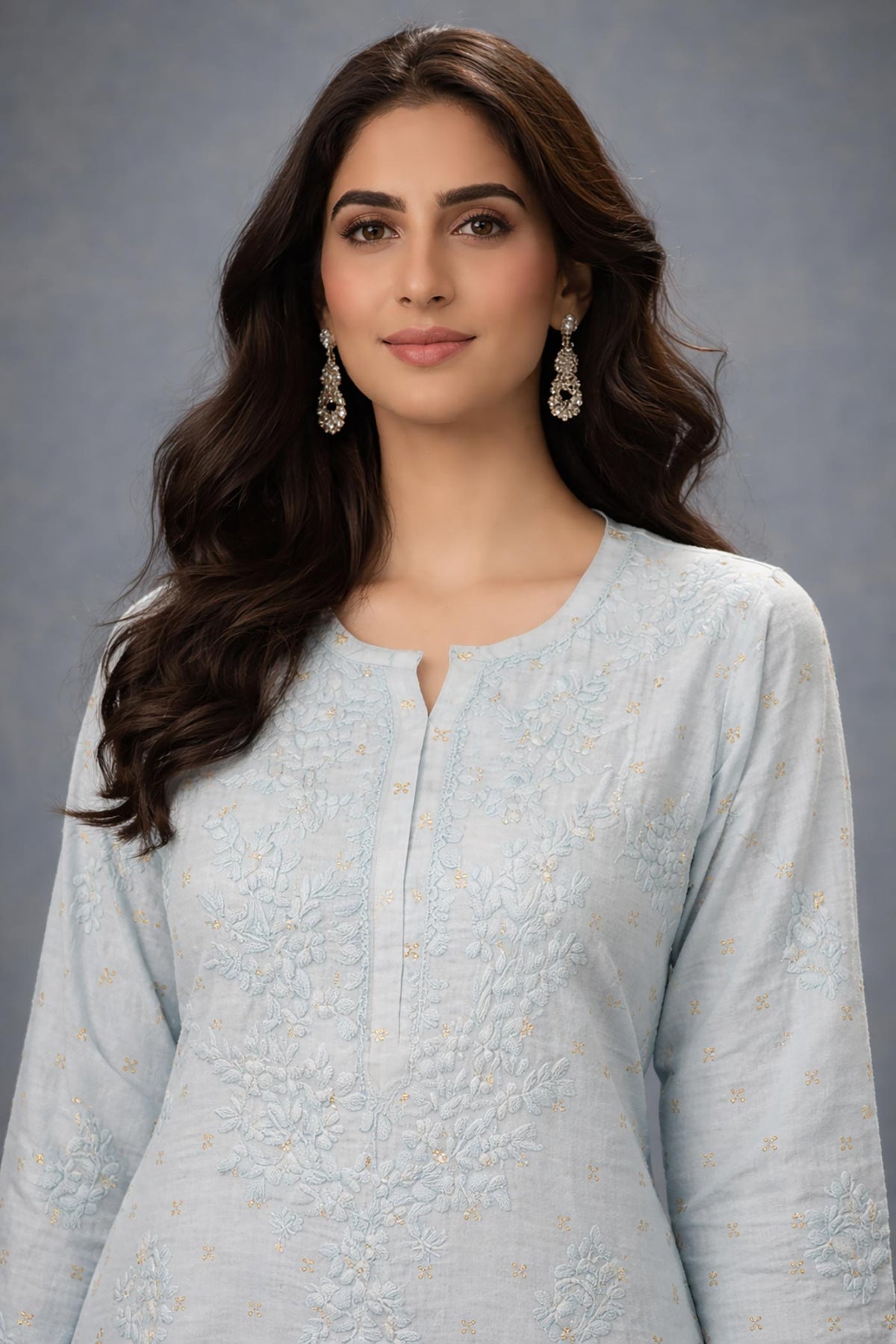 SN229 women’s powder blue cotton silk kurti closeup showing floral embroidery and round slit neckline detail