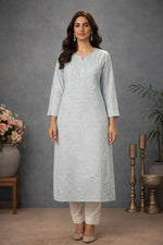 SN229 women’s powder blue cotton silk kurti with floral embroidery, long sleeves and round slit neckline front view