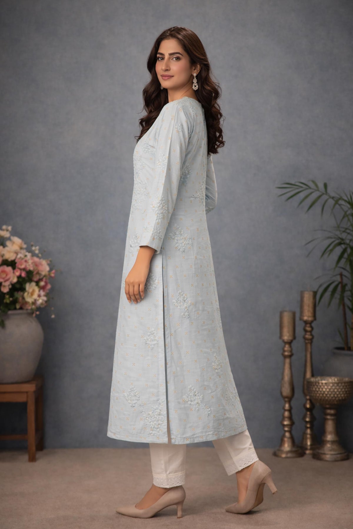 SN229 women’s powder blue cotton silk kurti side view with straight fit and long sleeves