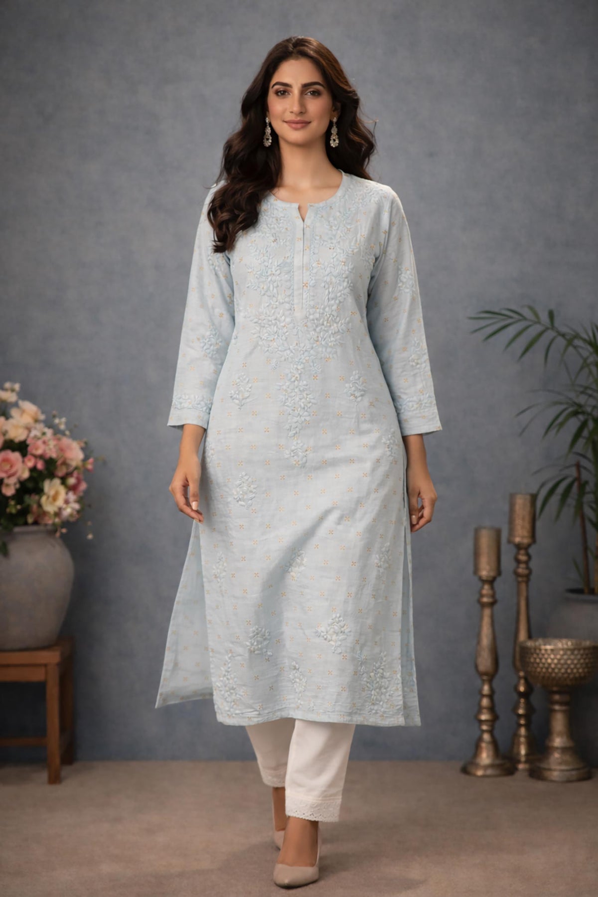 SN229 women’s powder blue cotton silk kurti walking pose with straight silhouette and embroidered detailing