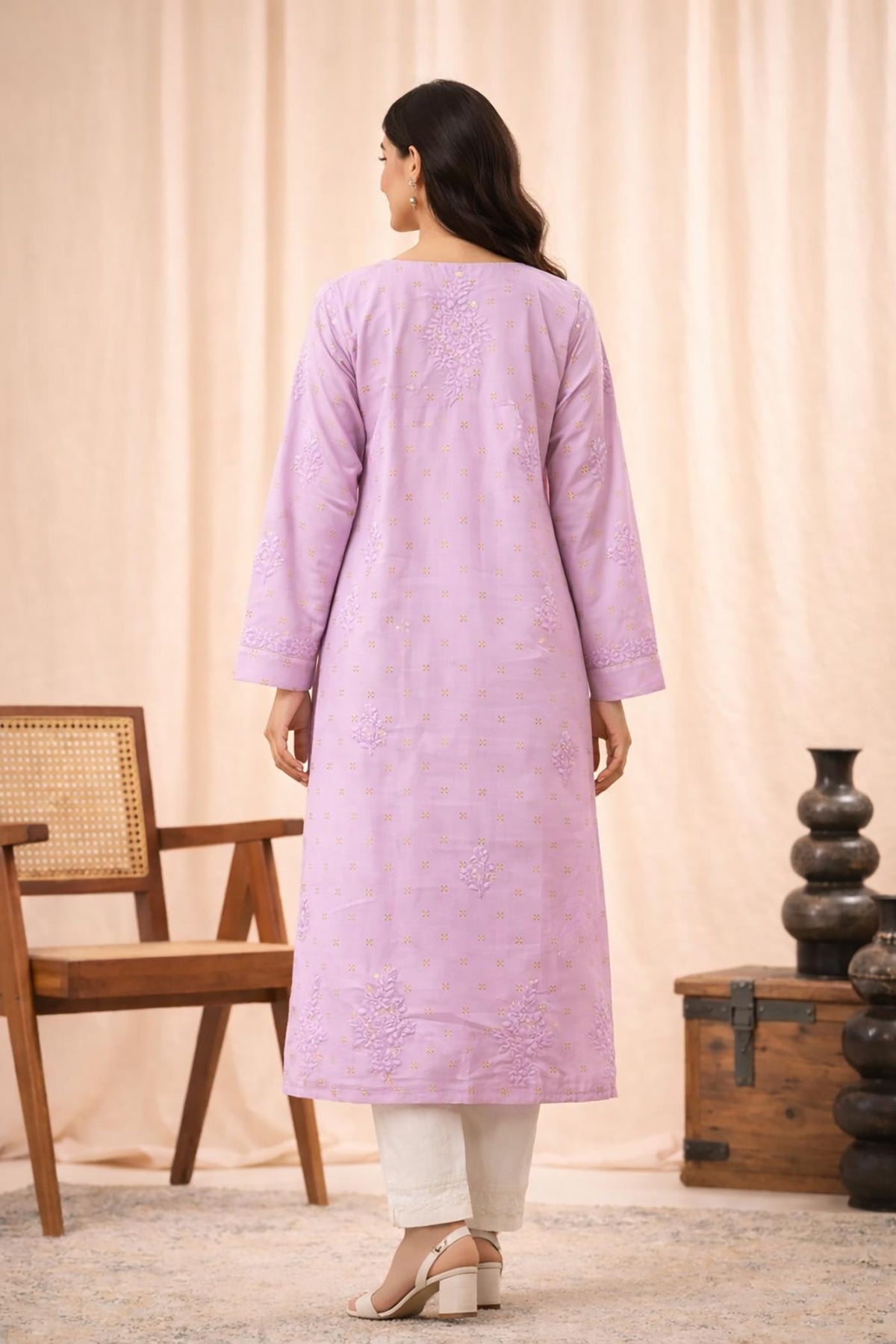 SN230 women’s lilac cotton Chanderi chikankari kurta long sleeve back view