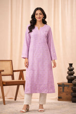 SN230 women’s lilac cotton Chanderi chikankari kurta with long sleeves and notched V-neck front view