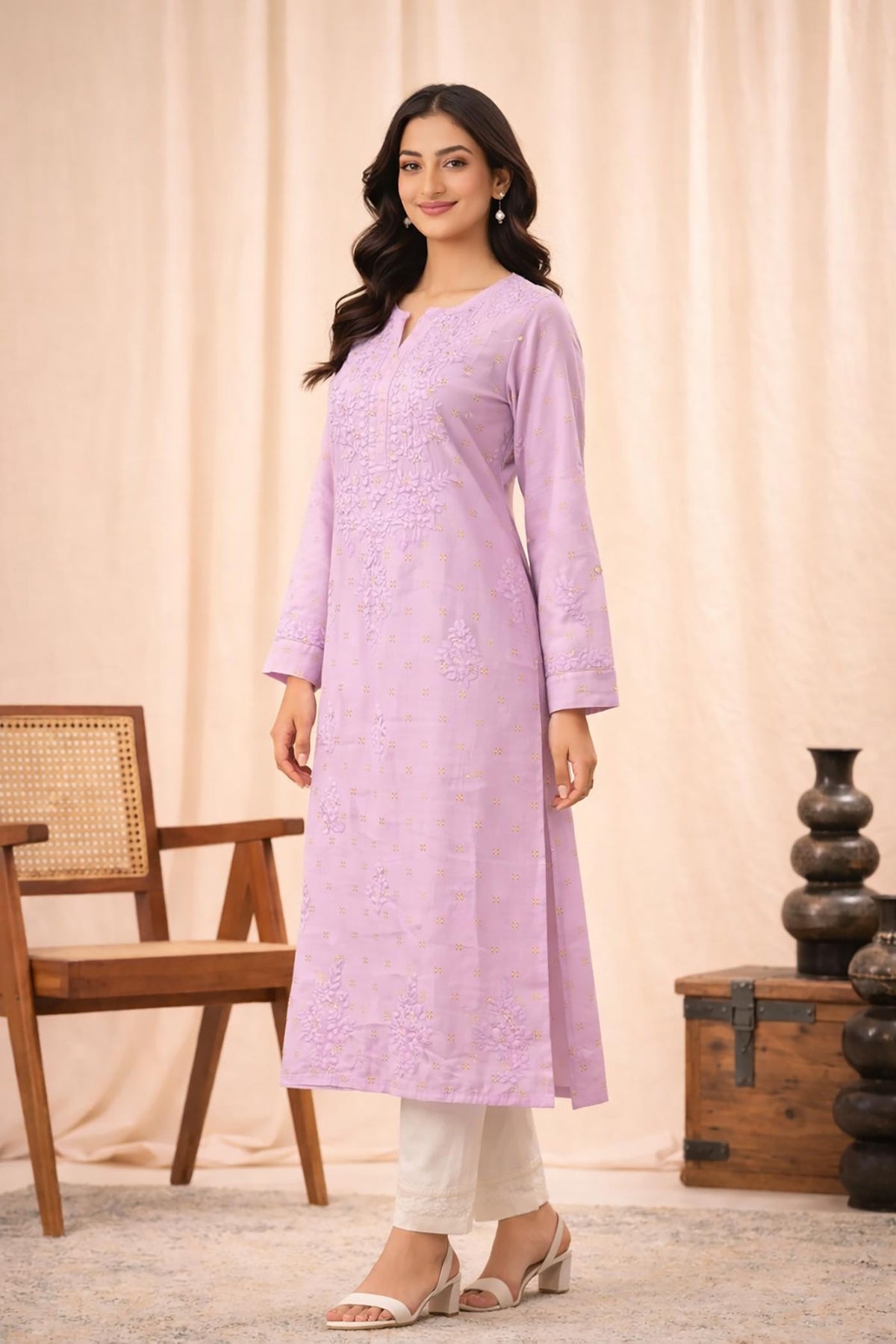 SN230 women’s lilac cotton Chanderi chikankari kurta long sleeve side profile view