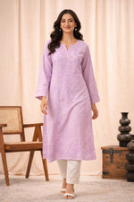 SN230 women’s lilac cotton Chanderi chikankari kurta in walking pose with long sleeves and straight fit