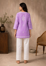 SN231 women’s lavender embroidered short kurti back pose with three-quarter sleeves